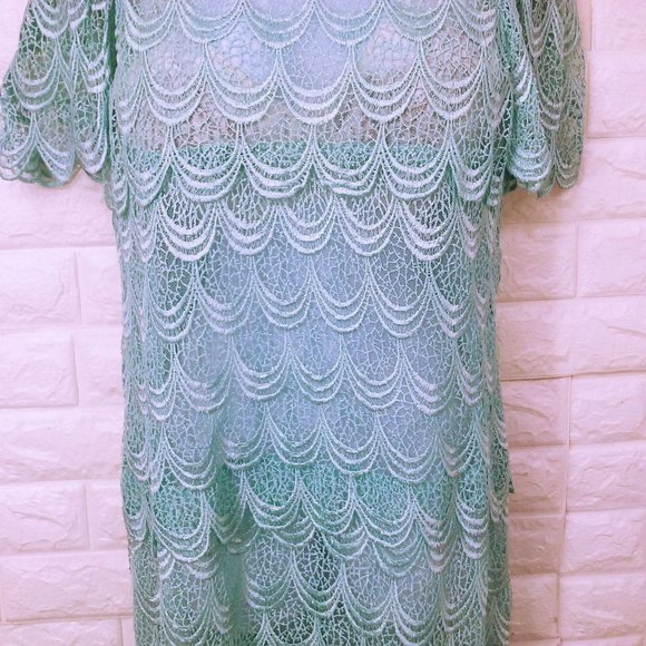 Vintage 70-80s Sheer Scalloped Lace Dress 6/8 Flutter Sleeve Snap-Back Turquoise - Picture 4 of 11